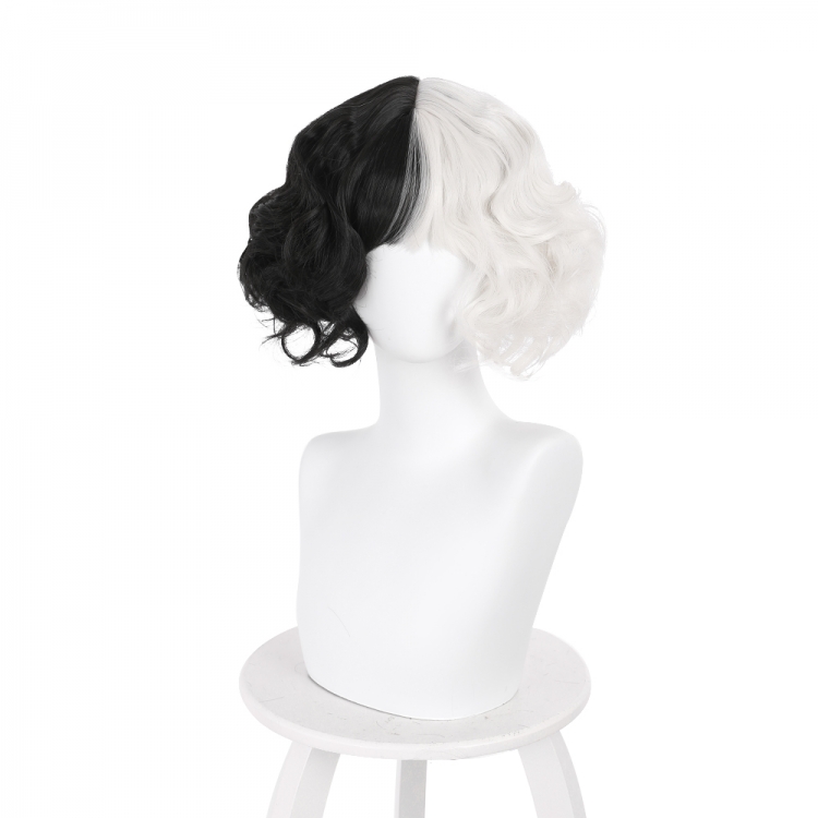 Cruella de Vil Half black half white short curly cos wig 405NA