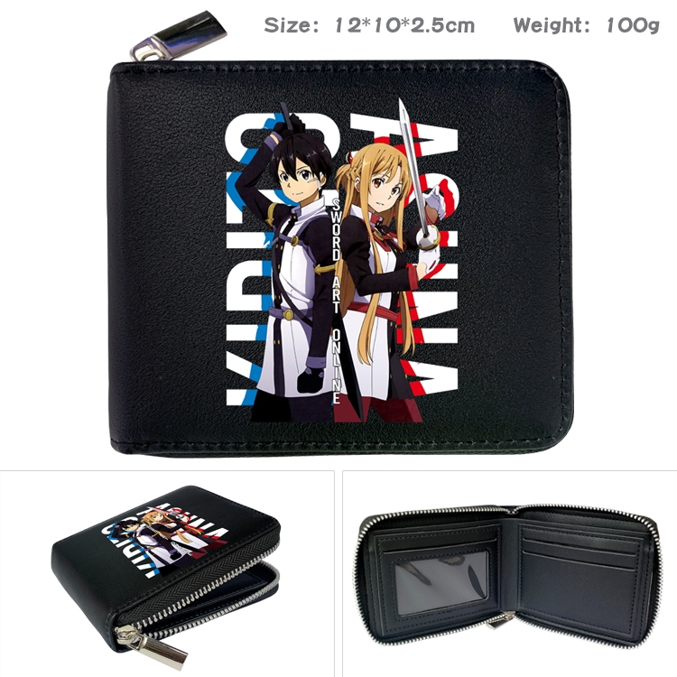 Sword Art Online Anime zipper black leather half-fold wallet 12X10X2.5CM 100G  5A
