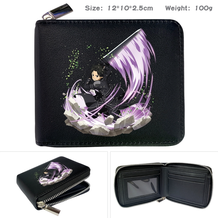 Sword Art Online Anime zipper black leather half-fold wallet 12X10X2.5CM 100G 3A