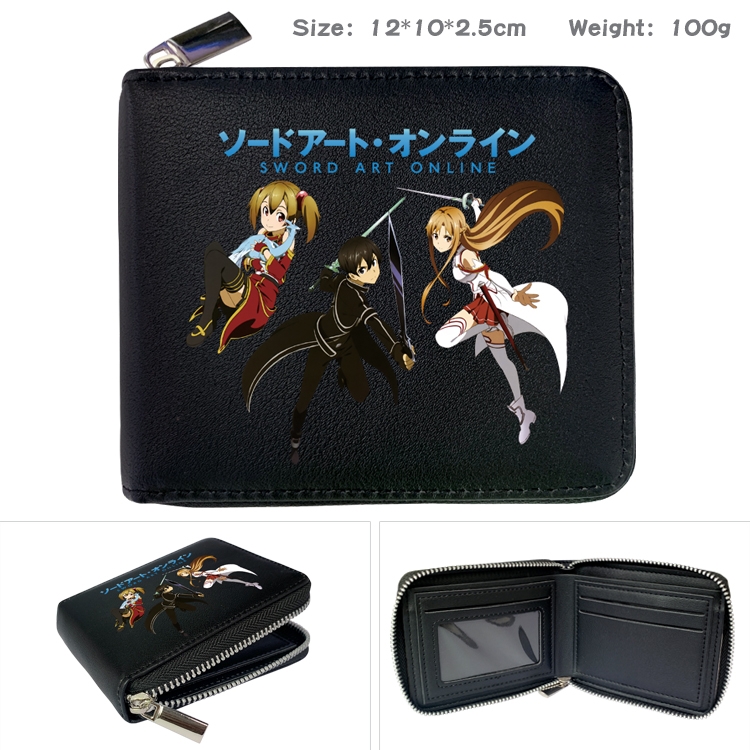 Sword Art Online Anime zipper black leather half-fold wallet 12X10X2.5CM 100G  8A