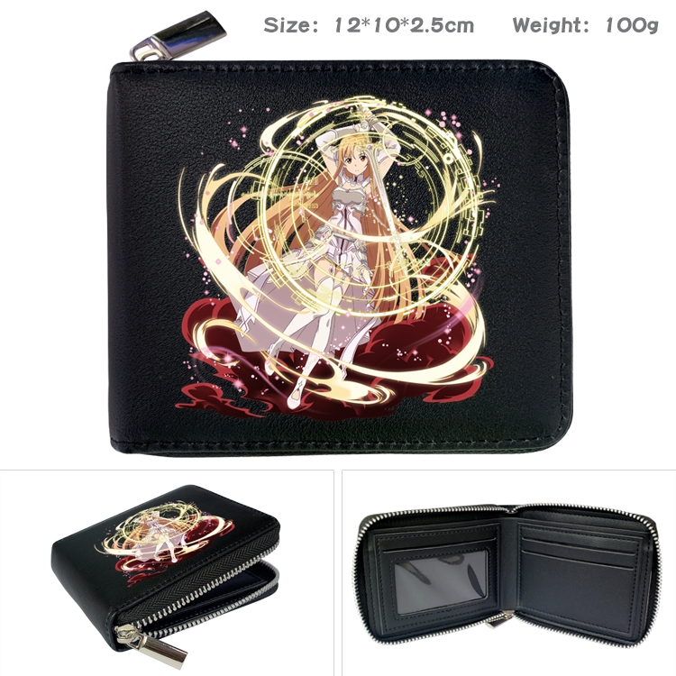 Sword Art Online Anime zipper black leather half-fold wallet 12X10X2.5CM 100G  2A
