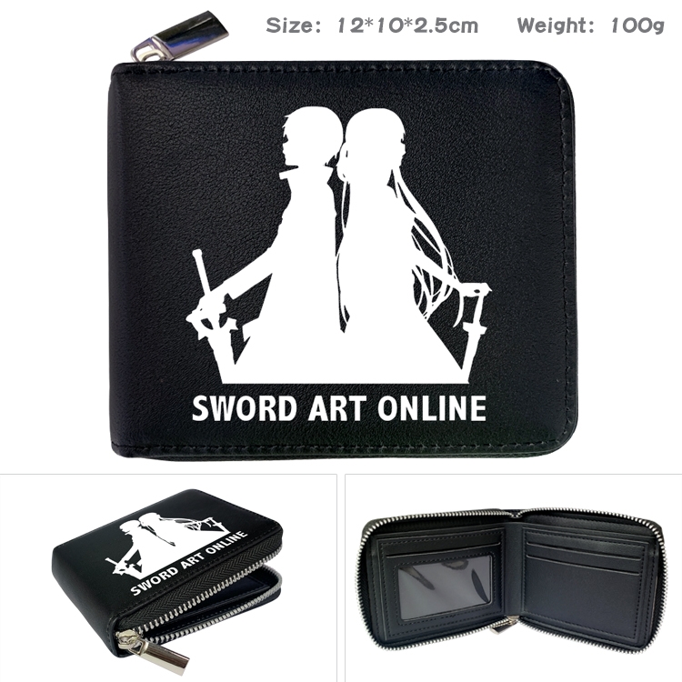 Sword Art Online Anime zipper black leather half-fold wallet 12X10X2.5CM 100G 9A