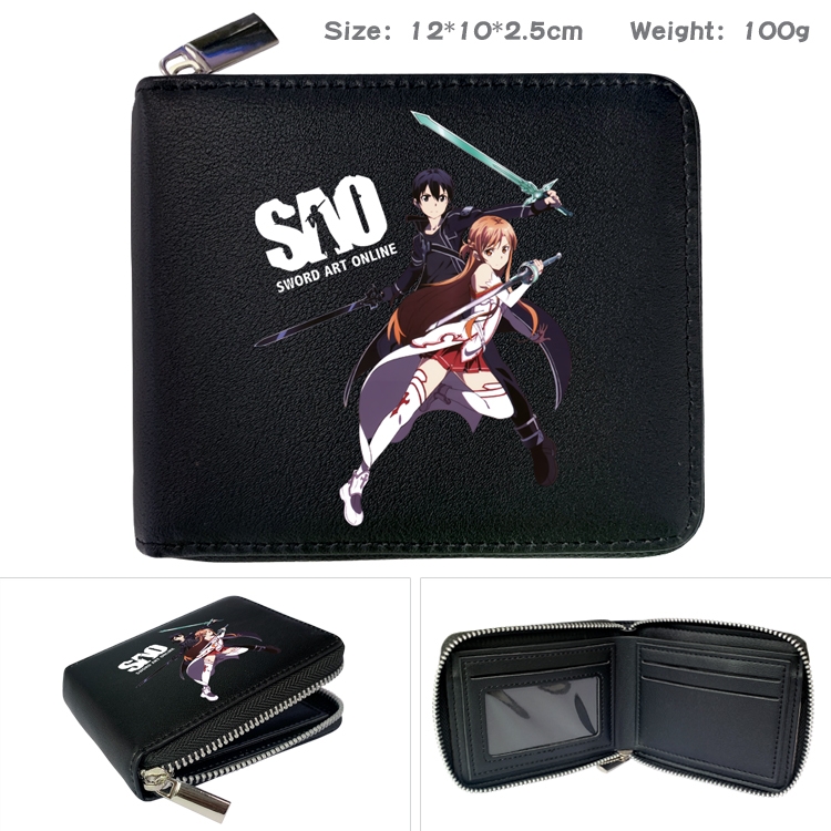 Sword Art Online Anime zipper black leather half-fold wallet 12X10X2.5CM 100G  6A