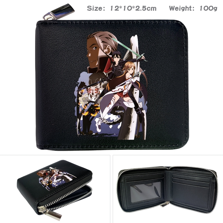 Sword Art Online Anime zipper black leather half-fold wallet 12X10X2.5CM 100G  7A