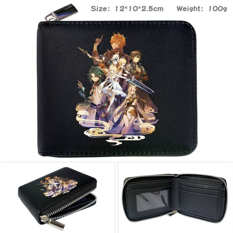 Genshin Impact Anime zipper black leather half-fold wallet 12X10X2.5CM 100G  18A