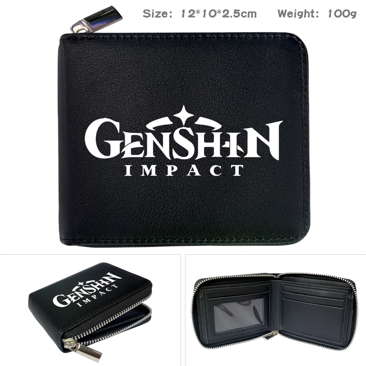 Genshin Impact Anime zipper black leather half-fold wallet 12X10X2.5CM 100G  1A