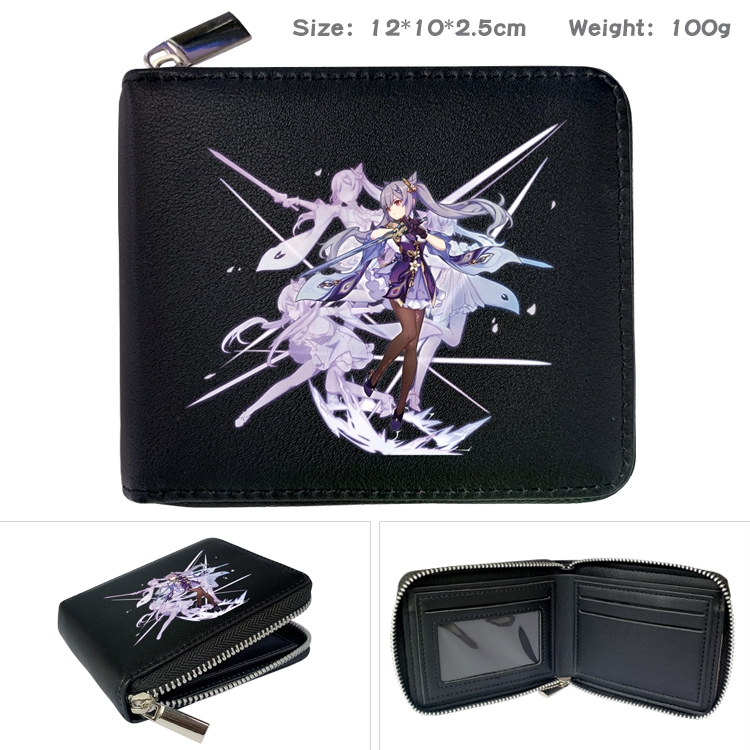 Genshin Impact Anime zipper black leather half-fold wallet 12X10X2.5CM 100G  -11A