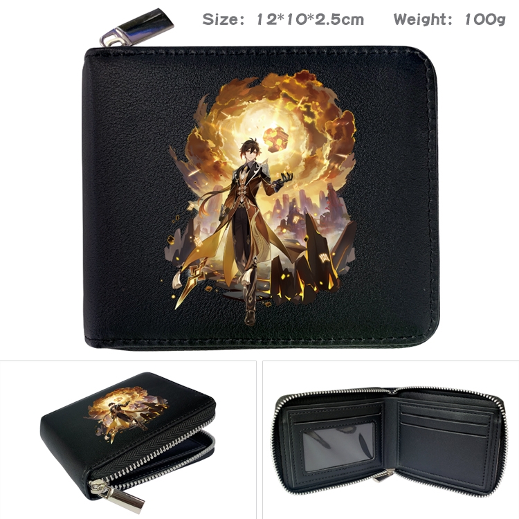 Genshin Impact Anime zipper black leather half-fold wallet 12X10X2.5CM 100G  12A