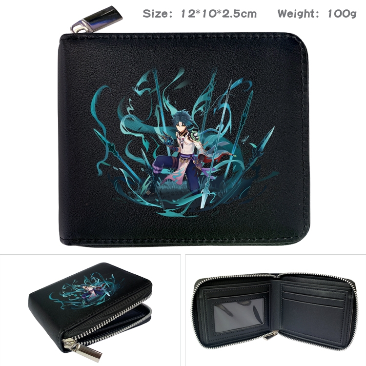 Genshin Impact Anime zipper black leather half-fold wallet 12X10X2.5CM 100G  14A