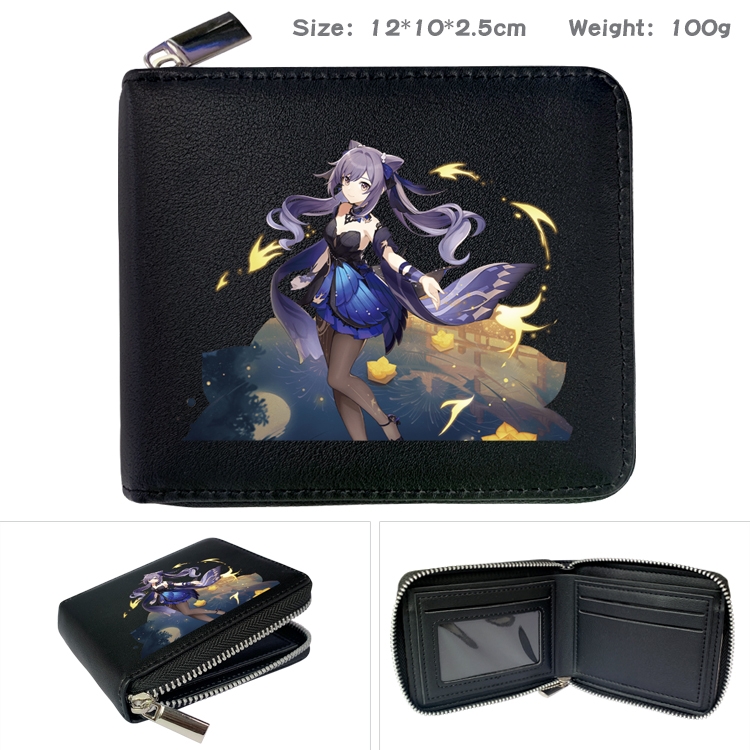 Genshin Impact Anime zipper black leather half-fold wallet 12X10X2.5CM 100G  21A