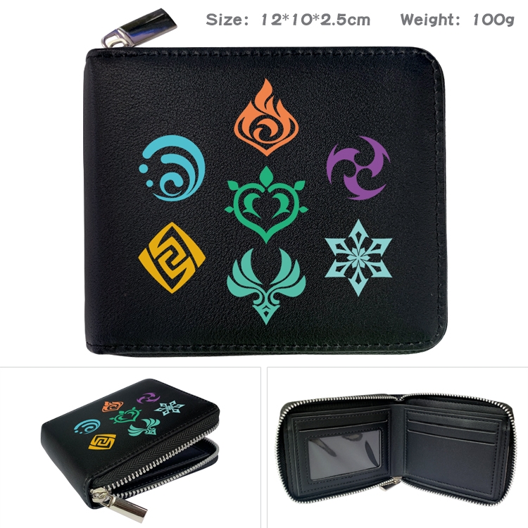 Genshin Impact Anime zipper black leather half-fold wallet 12X10X2.5CM 100G 2A  