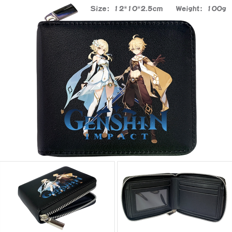 Genshin Impact Anime zipper black leather half-fold wallet 12X10X2.5CM 100G  16A 