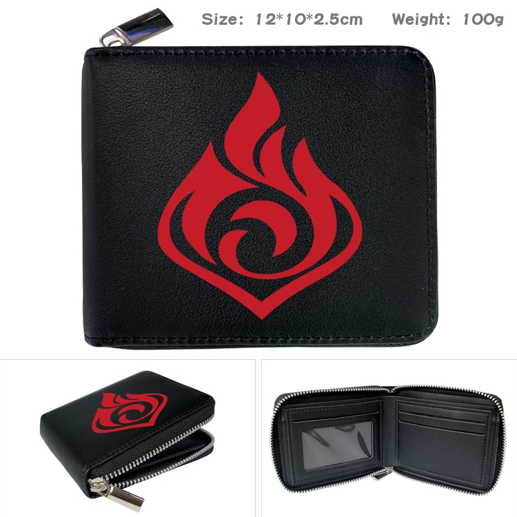Genshin Impact Anime zipper black leather half-fold wallet 12X10X2.5CM 100G  6A 