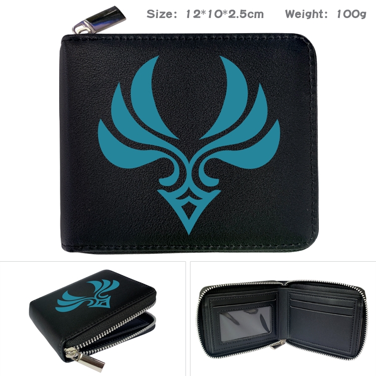 Genshin Impact Anime zipper black leather half-fold wallet 12X10X2.5CM 100G  7A