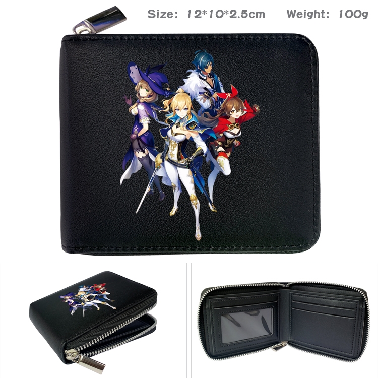 Genshin Impact Anime zipper black leather half-fold wallet 12X10X2.5CM 100G 17A 