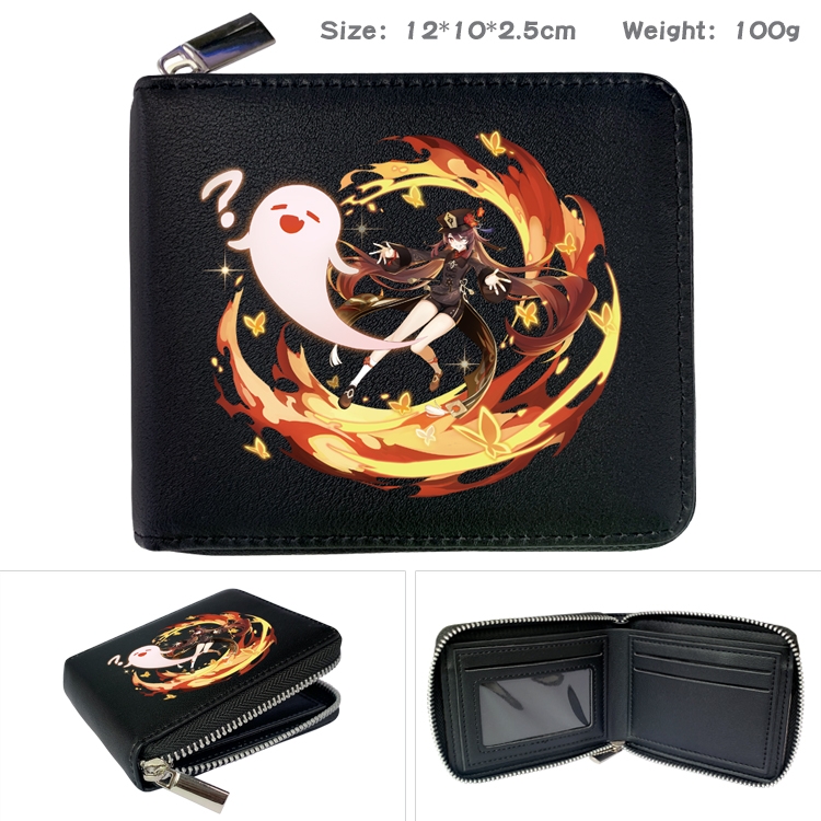 Genshin Impact Anime zipper black leather half-fold wallet 12X10X2.5CM 100G  13A