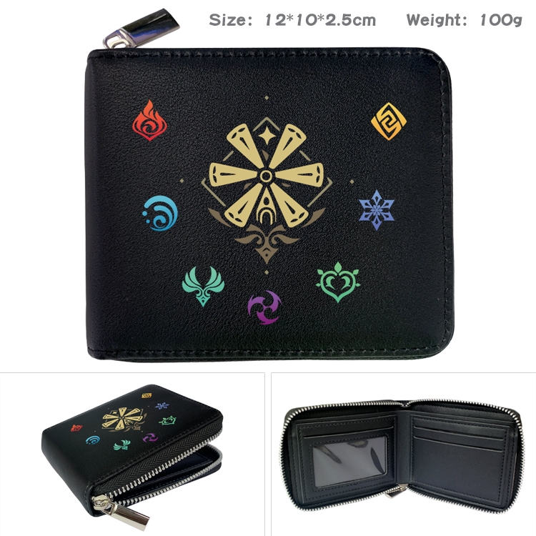Genshin Impact Anime zipper black leather half-fold wallet 12X10X2.5CM 100G  19A