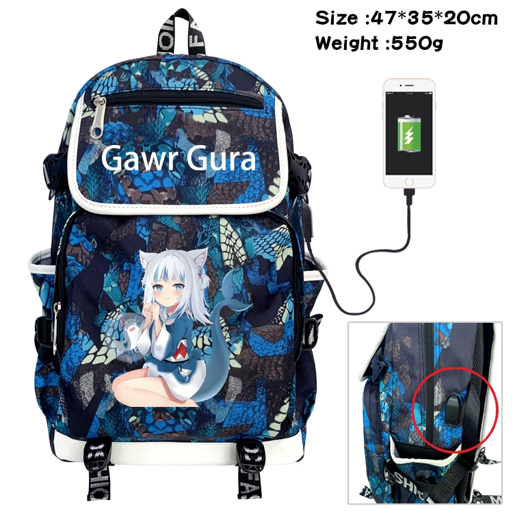 Gawr-Gura Anime Camouflage Flip Data Cable Backpack School Bag 47x35x20cm