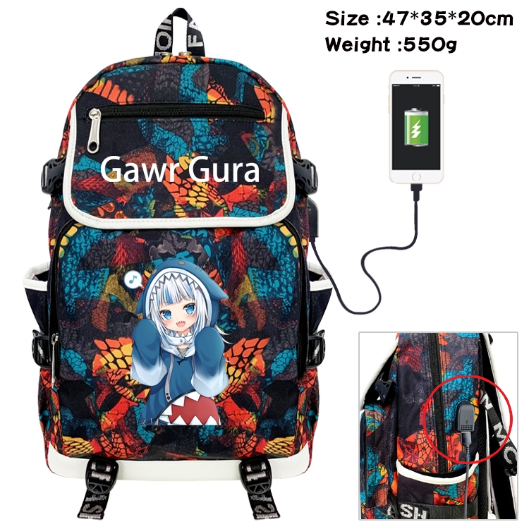 Gawr-Gura Anime Camouflage Flip Data Cable Backpack School Bag 47x35x20cm