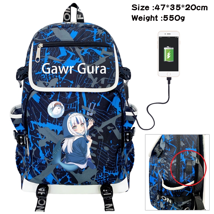 Gawr-Gura Anime Camouflage Flip Data Cable Backpack School Bag 47x35x20cm