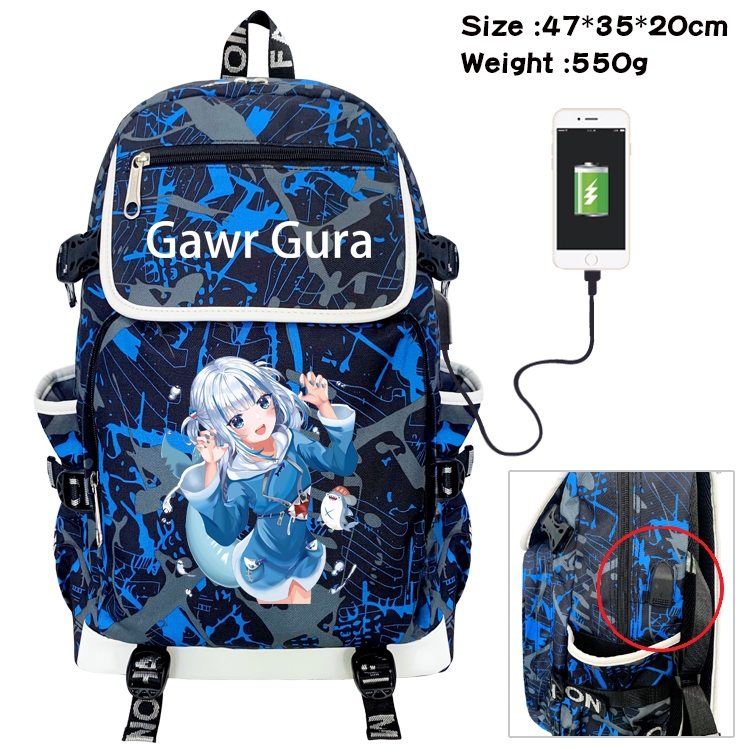 Gawr-Gura Anime Camouflage Flip Data Cable Backpack School Bag 47x35x20cm