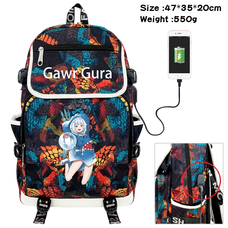 Gawr-Gura Anime Camouflage Flip Data Cable Backpack School Bag 47x35x20cm