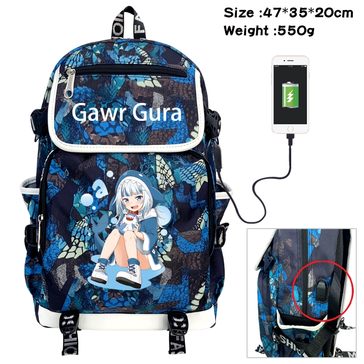 Gawr-Gura Anime Camouflage Flip Data Cable Backpack School Bag 47x35x20cm