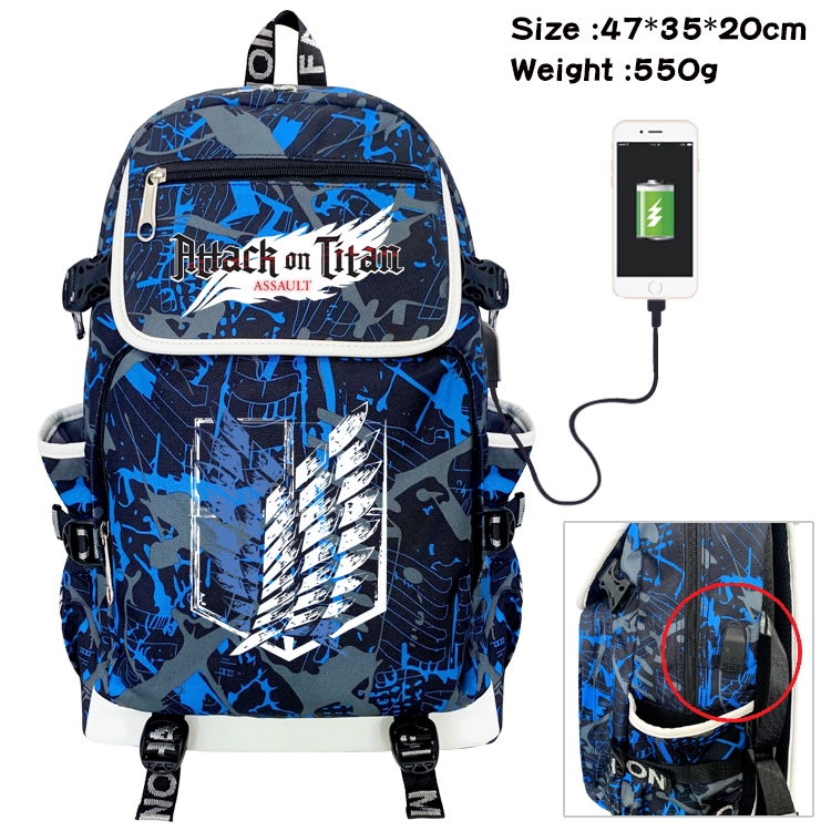 Shingeki no Kyojin Anime Camouflage Flip Data Cable Backpack School Bag 47x35x20cm