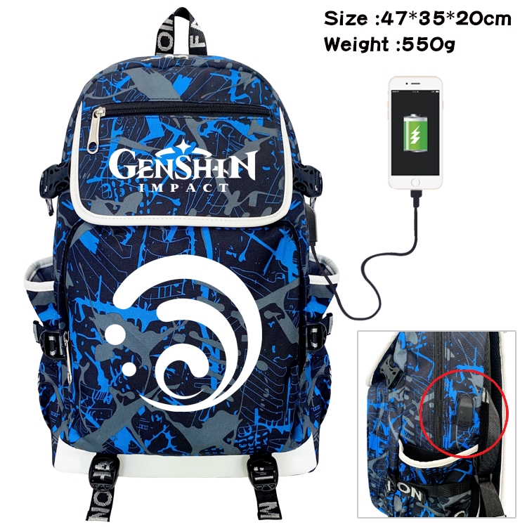 Genshin Impact Anime Camouflage Flip Data Cable Backpack School Bag 47x35x20cm