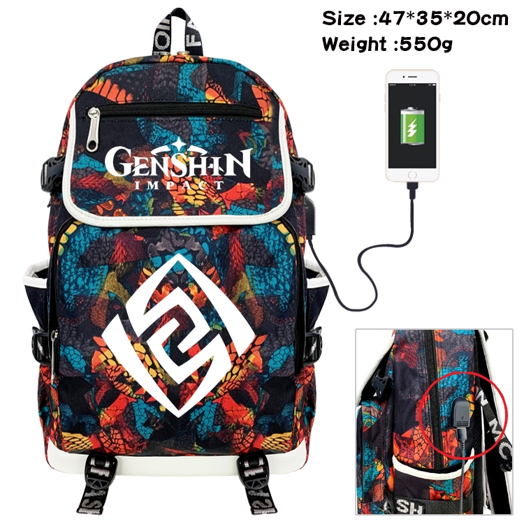 Genshin Impact Anime Camouflage Flip Data Cable Backpack School Bag 47x35x20cm