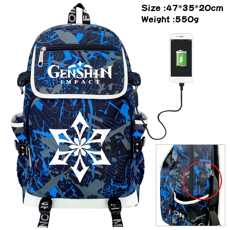 Genshin Impact Anime Camouflage Flip Data Cable Backpack School Bag 47x35x20cm