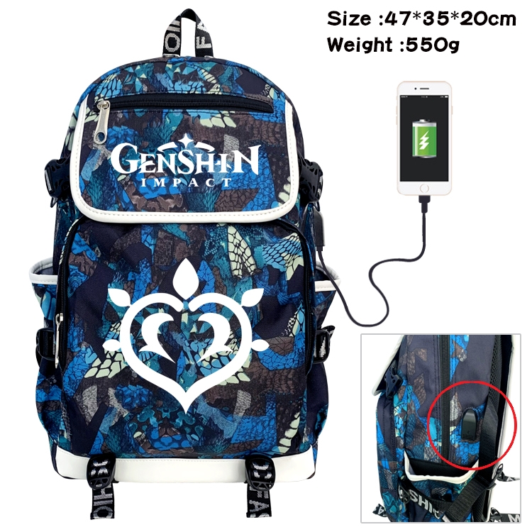 Genshin Impact Anime Camouflage Flip Data Cable Backpack School Bag 47x35x20cm