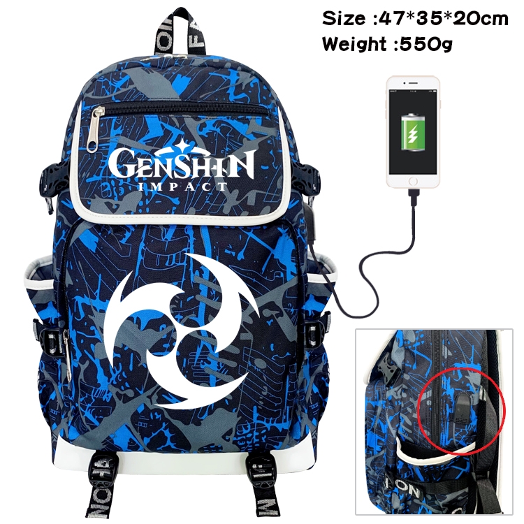 Genshin Impact Anime Camouflage Flip Data Cable Backpack School Bag 47x35x20cm