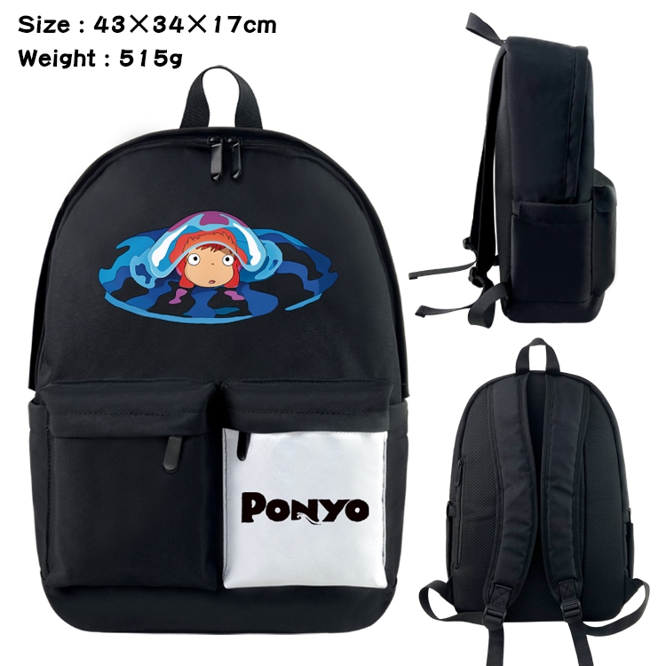 Goldfish on the cliff Anime Black and White Double Spell Waterproof Nylon Backpack School Bag 43x34x17cm