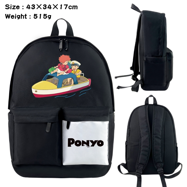 Goldfish on the cliff Anime Black and White Double Spell Waterproof Nylon Backpack School Bag 43x34x17cm