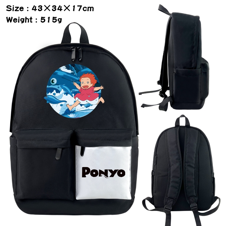 Goldfish on the cliff Anime Black and White Double Spell Waterproof Nylon Backpack School Bag 43x34x17cm