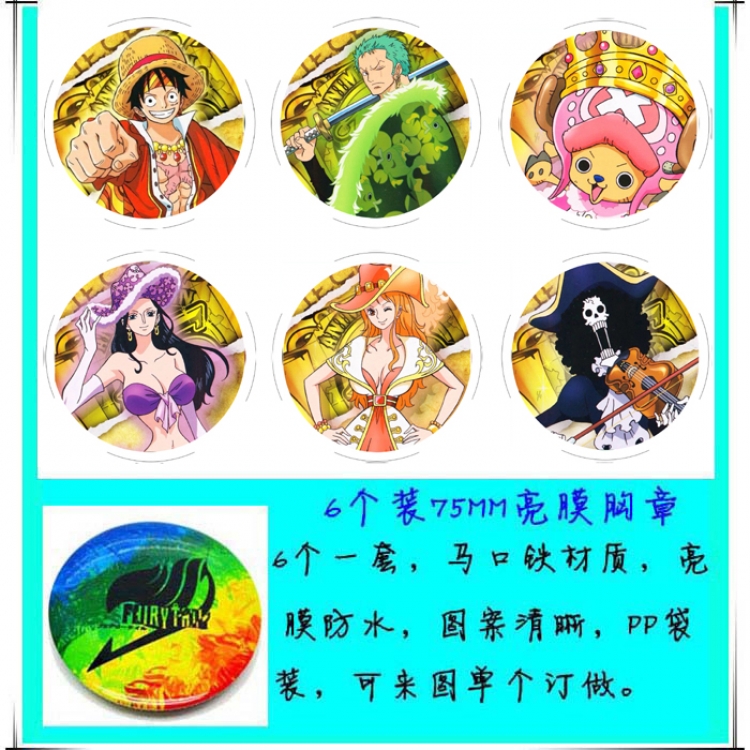 One Piece Anime round Badge Bright film badge Brooch 75mm a set of 6