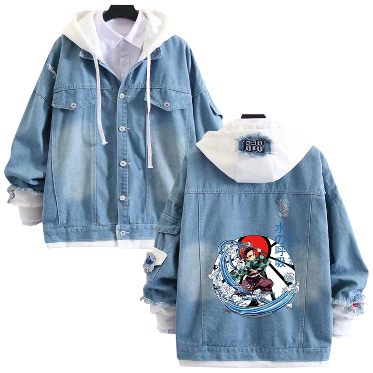 Demon Slayer Kimets anime stitching denim jacket top sweater from S to 4XL