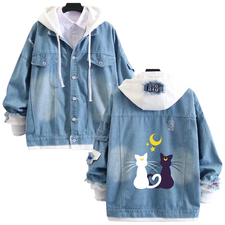 sailormoon anime stitching denim jacket top sweater from S to 4XL