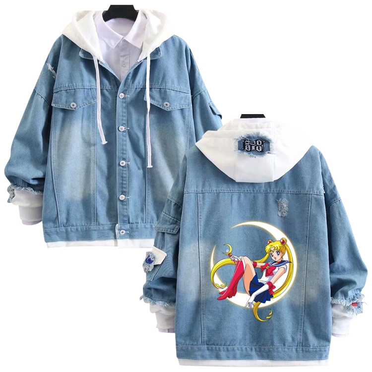 sailormoon anime stitching denim jacket top sweater from S to 4XL