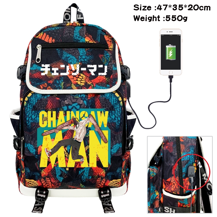 chainsaw man Anime Digital Printing Canvas Flip Data Cable Backpack 47X35X20CM