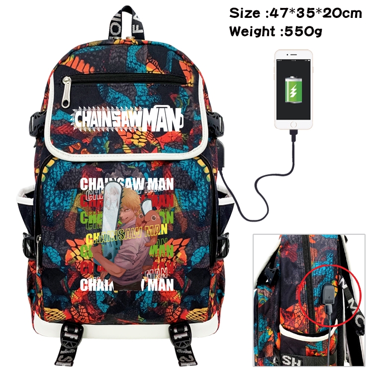 chainsaw man Anime Digital Printing Canvas Flip Data Cable Backpack 47X35X20CM