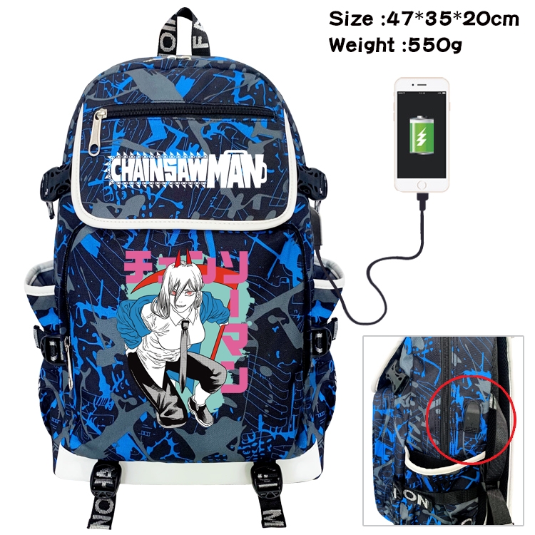 chainsaw man Anime Digital Printing Canvas Flip Data Cable Backpack 47X35X20CM