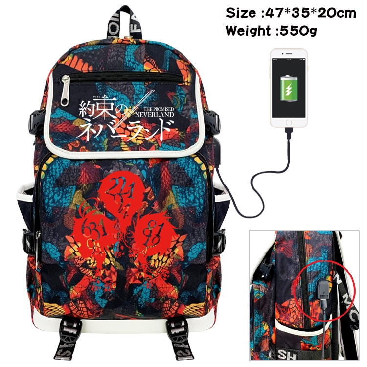 The Promised Neverla Anime Digital Printing Canvas Flip Data Cable Backpack 47X35X20CM