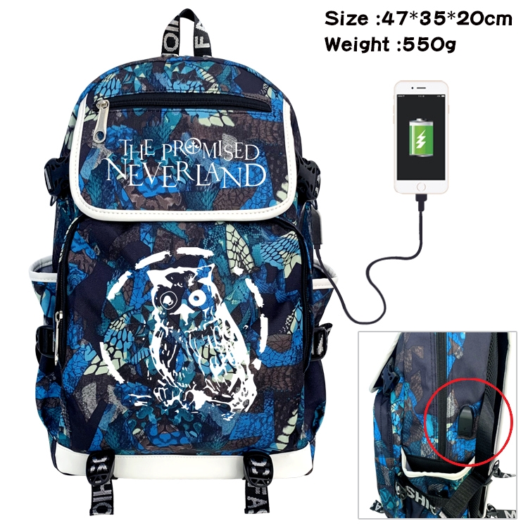 The Promised Neverla Anime Digital Printing Canvas Flip Data Cable Backpack 47X35X20CM