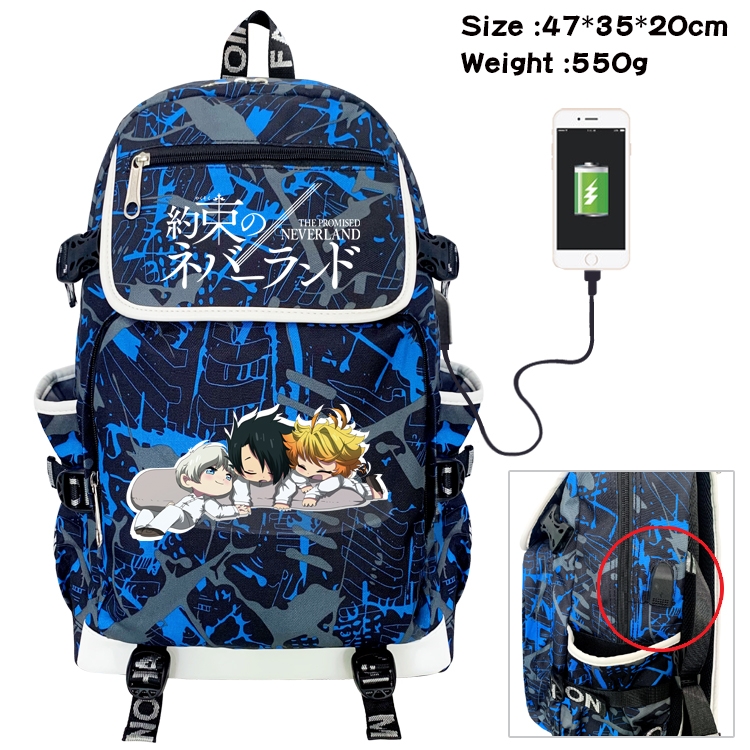 The Promised Neverla Anime Digital Printing Canvas Flip Data Cable Backpack 47X35X20CM