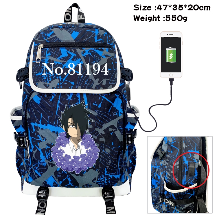 The Promised Neverla Anime Digital Printing Canvas Flip Data Cable Backpack 47X35X20CM