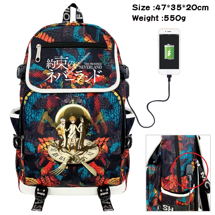 The Promised Neverla Anime Digital Printing Canvas Flip Data Cable Backpack 47X35X20CM