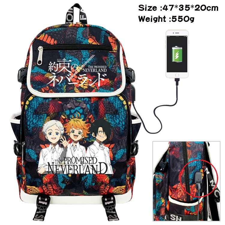 The Promised Neverla Anime Digital Printing Canvas Flip Data Cable Backpack 47X35X20CM