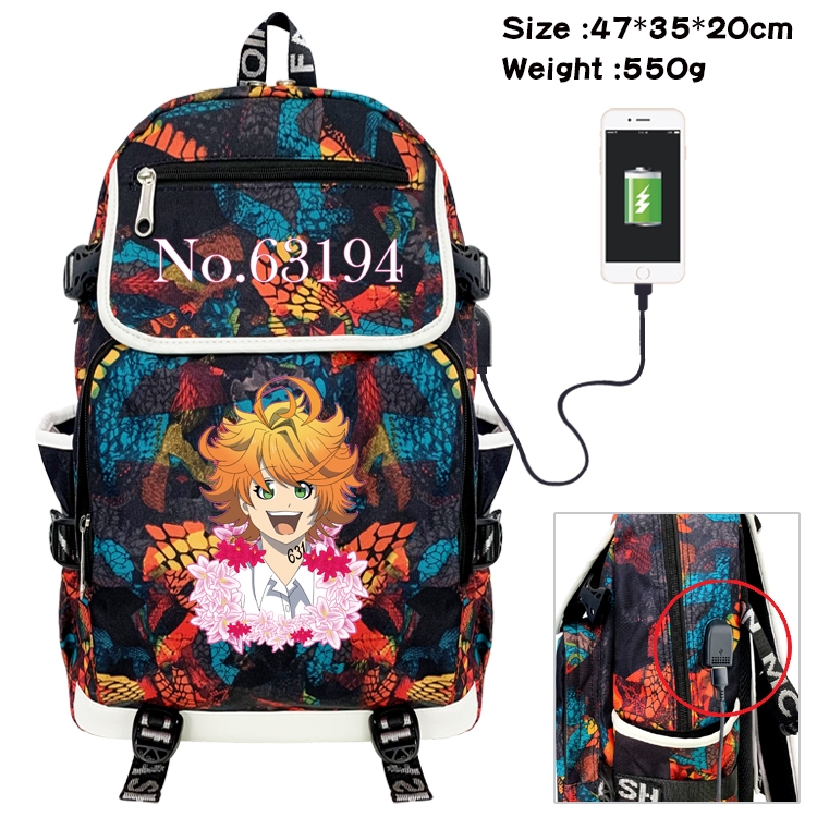 The Promised Neverla Anime Digital Printing Canvas Flip Data Cable Backpack 47X35X20CM